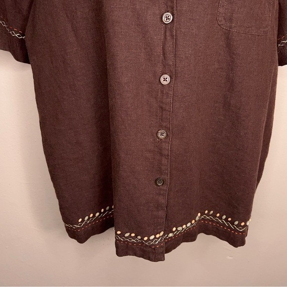 Vintage Large Classic Elements Brown Linen Blend Short Sleeve Button Up Top - Picture 3 of 13